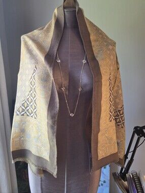 Authentic Etro Scarf Paisley Border Shawl in Gold and Olive